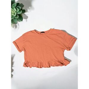 Zara Coral Cropped T-Shirt Ruffle Hem Short Sleeve Cotton Casual Top‎ Size S